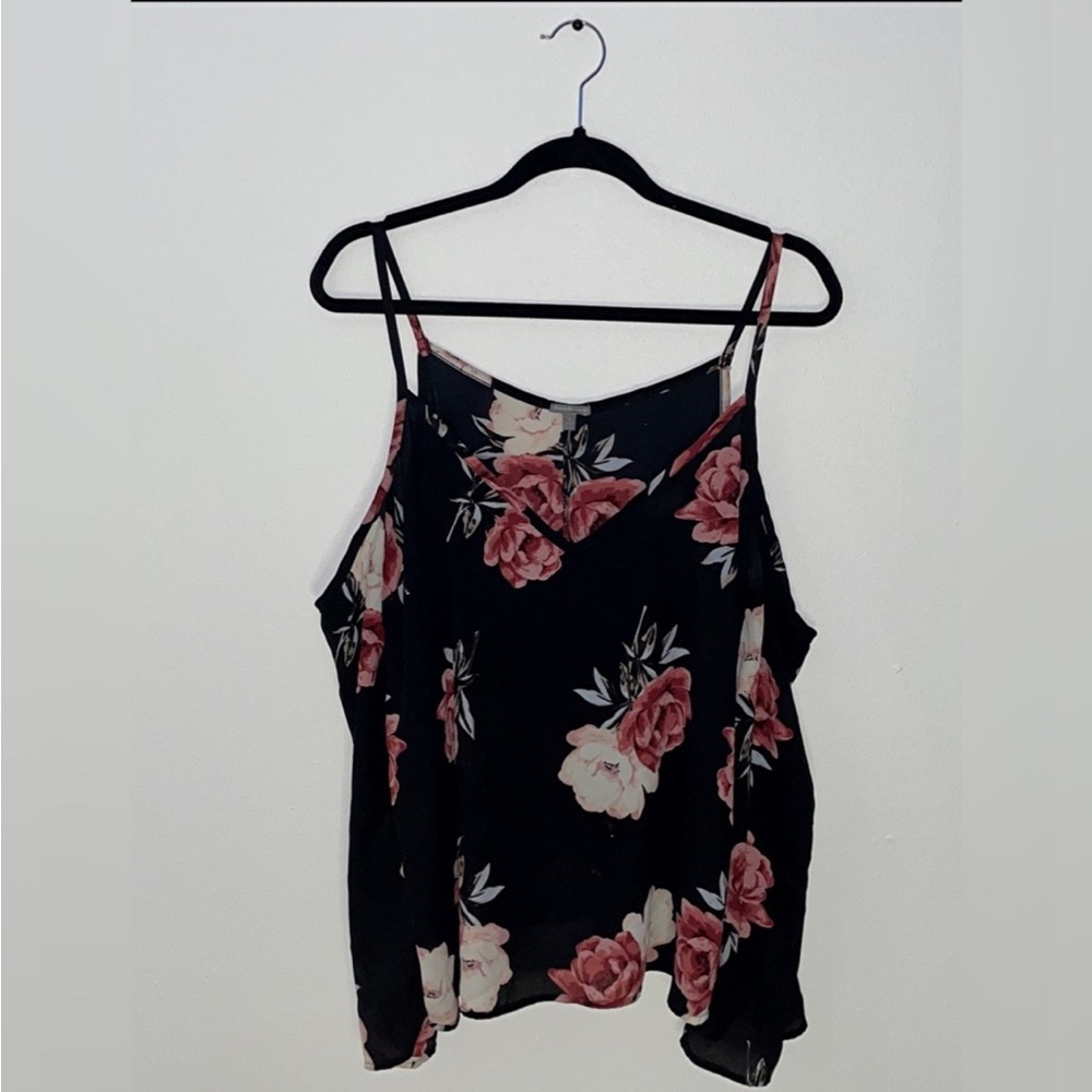 Black & Pink Rose Cut-Off Shoulder Spaghetti Strap Women’s Blouse